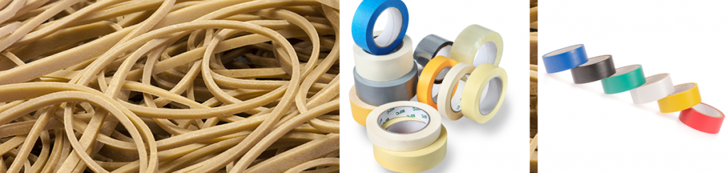 Rolls of rubber bands and different types of tape.