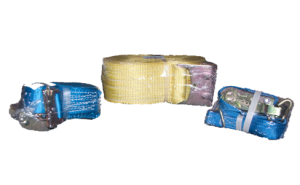 Blue and yellow ratchet straps on black.