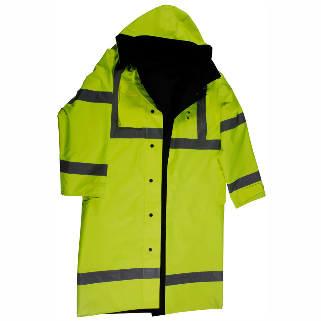 Yellow raincoat with reflective stripes.