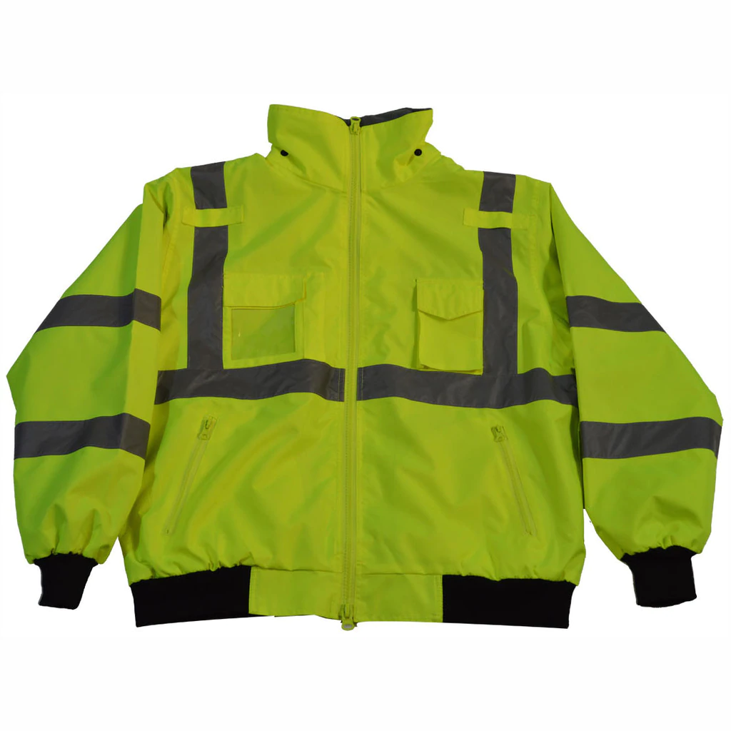 Bright yellow reflective safety jacket.