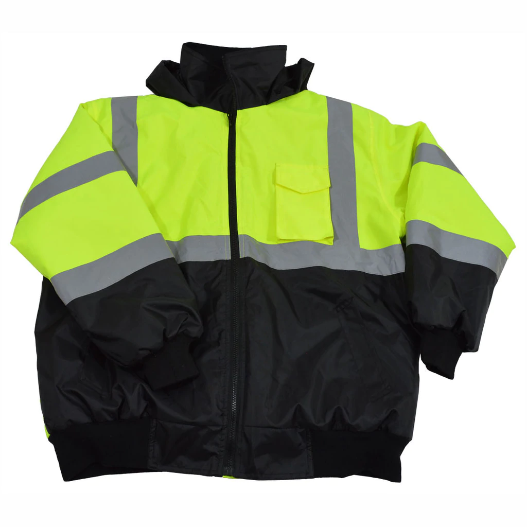 Yellow and black high-visibility safety jacket.
