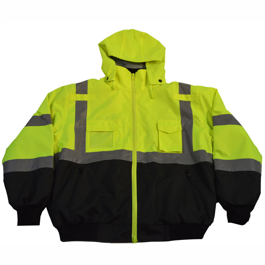 Yellow and black reflective safety jacket.
