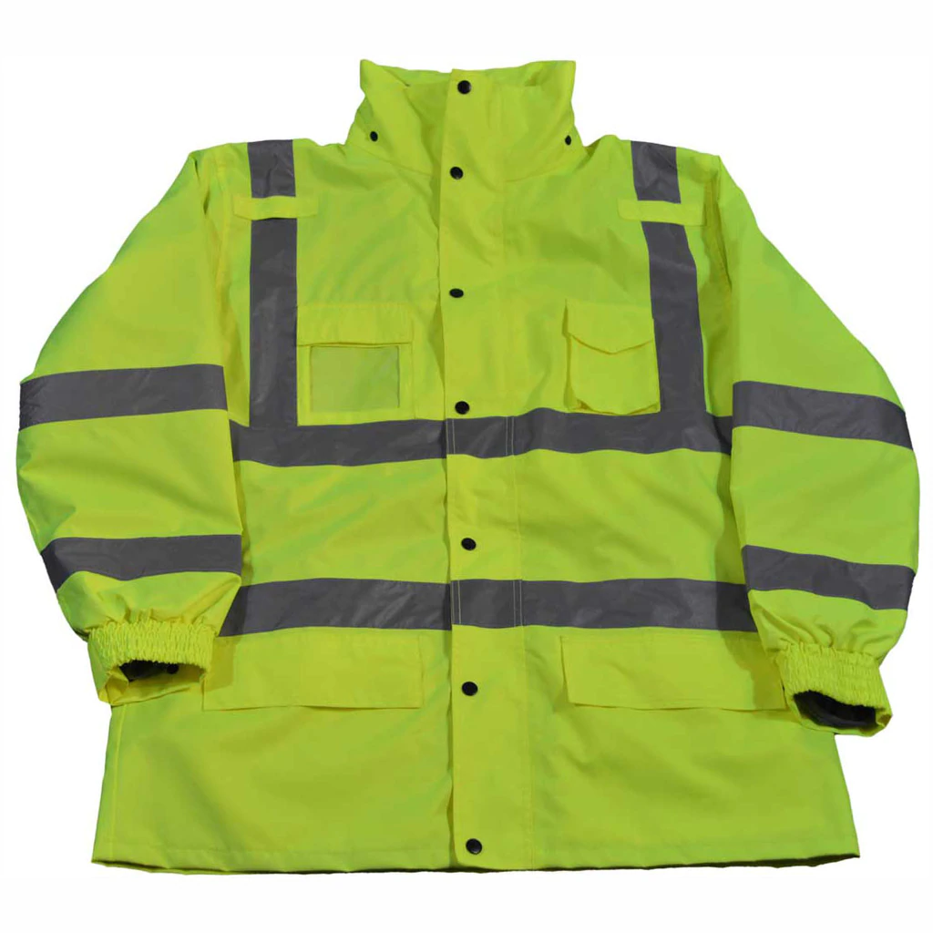 Yellow high-visibility jacket with reflective stripes.