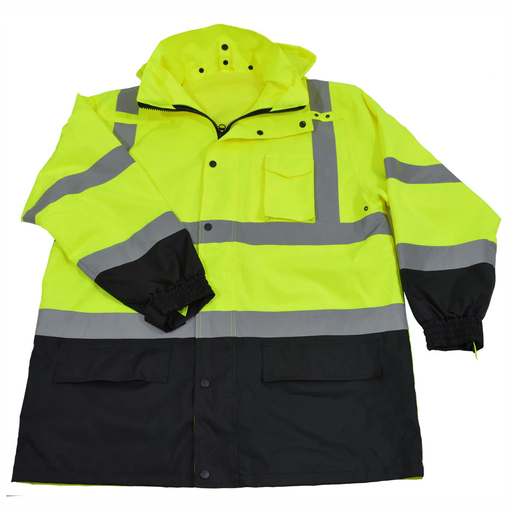 Yellow high-visibility jacket with reflective stripes.