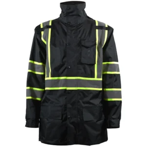 Black jacket with reflective yellow stripes.