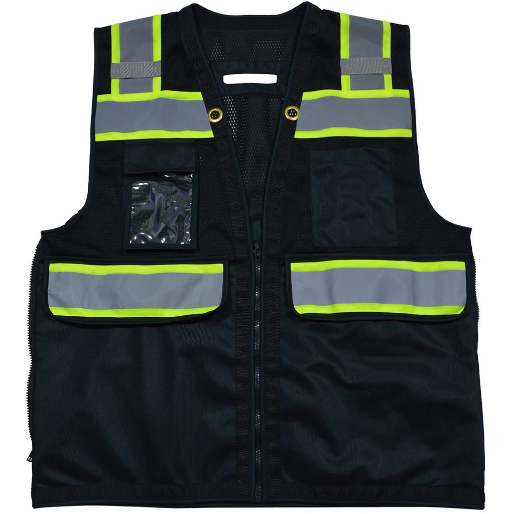 Black safety vest with reflective stripes.