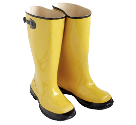 Yellow rain boots with black soles.