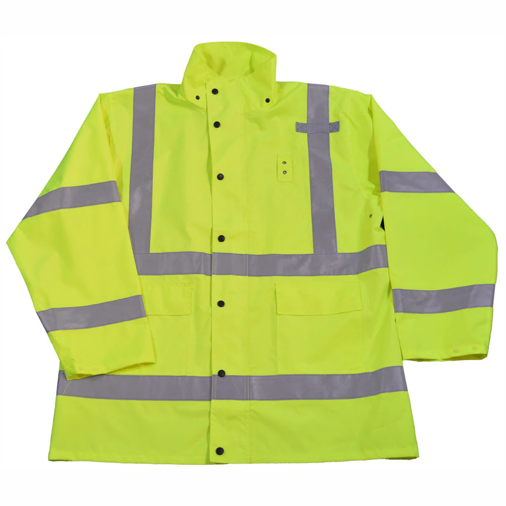 Yellow high-visibility safety jacket with reflective stripes.