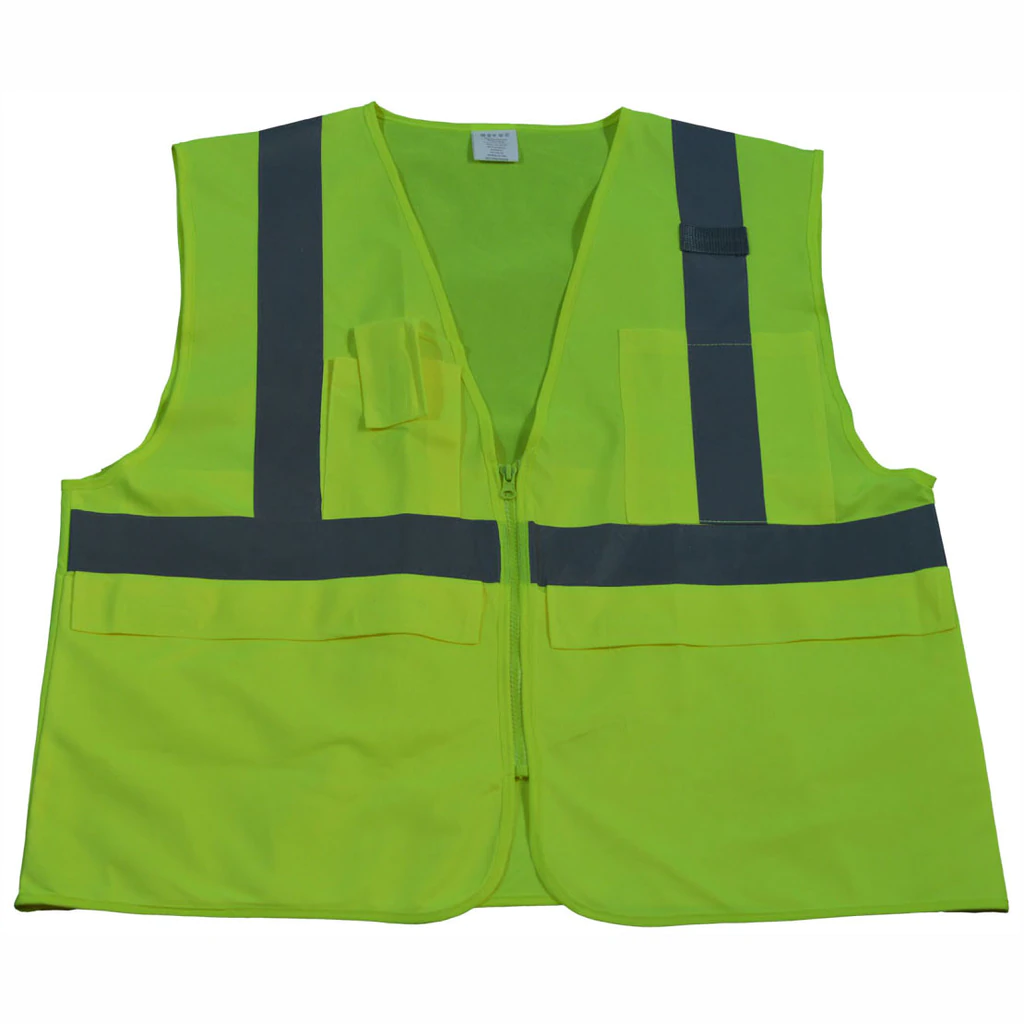 Neon yellow safety vest with reflective stripes.
