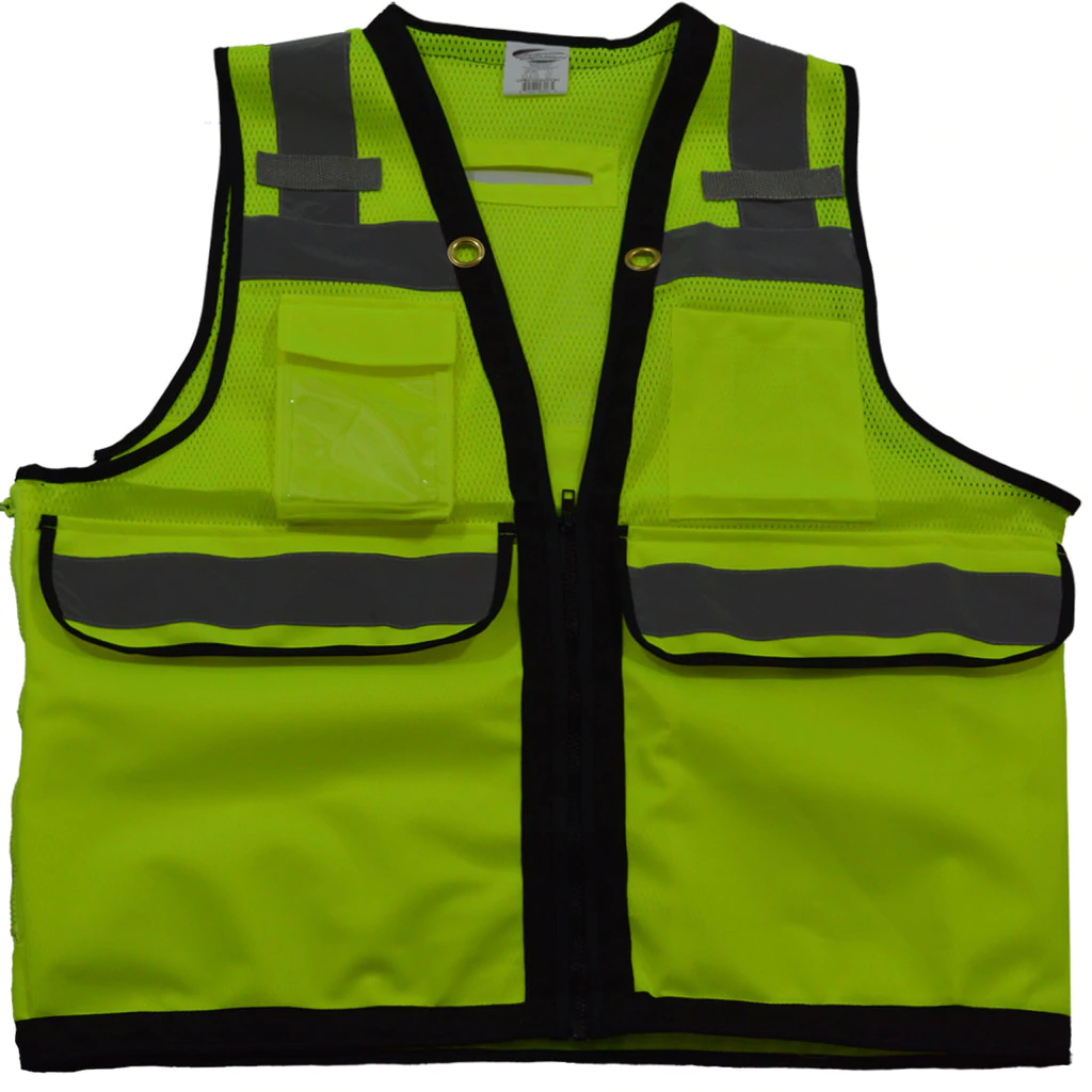 Yellow reflective safety vest with pockets.
