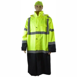 Mannequin wearing yellow reflective raincoat.
