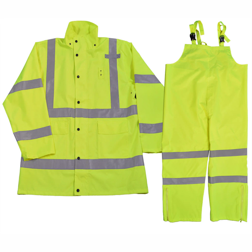 Yellow high-visibility raincoat and overalls set.