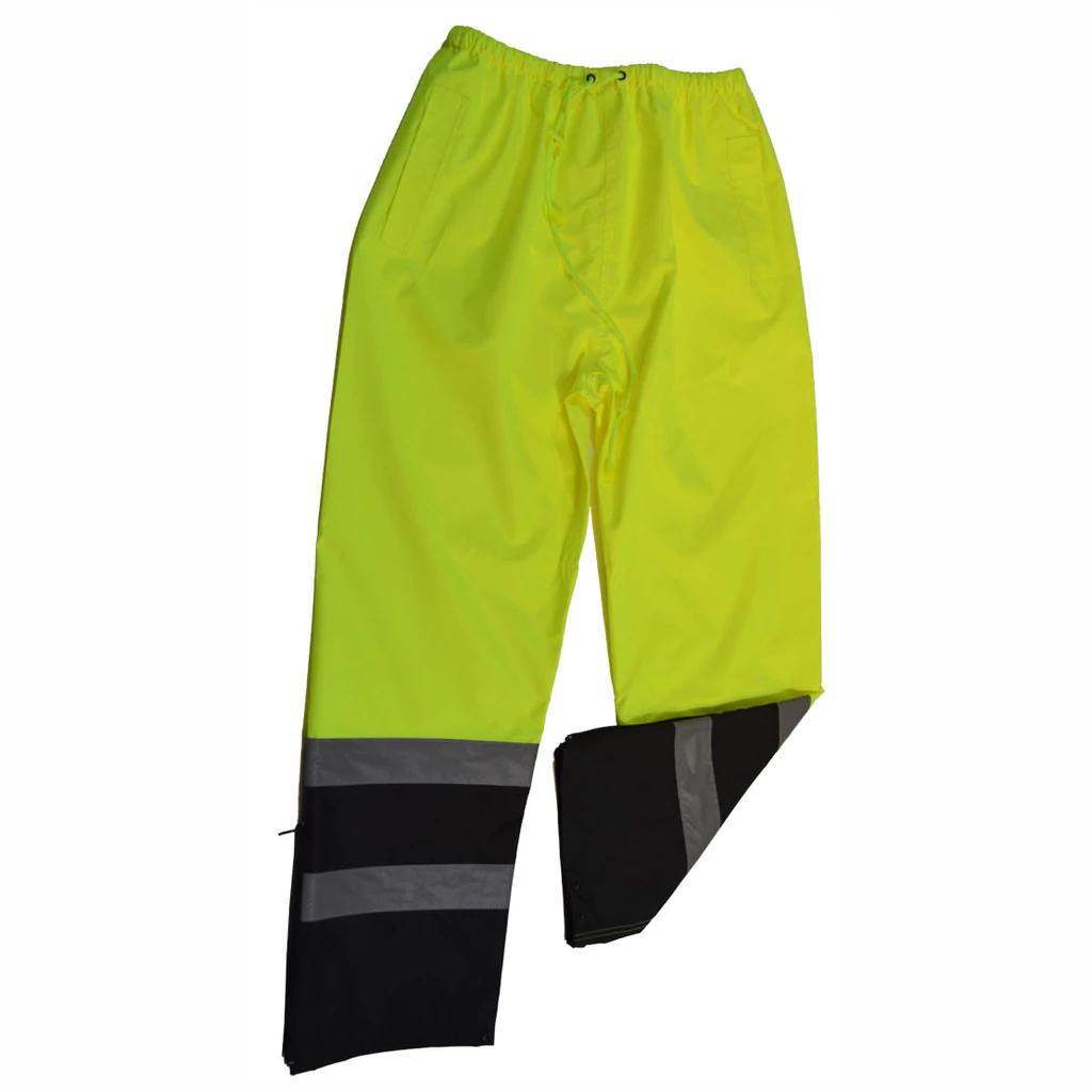 Yellow high-visibility pants with reflective stripes.