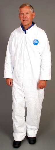 Man wearing a white protective coverall suit.