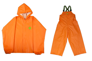 Orange raincoat and overalls on black background.