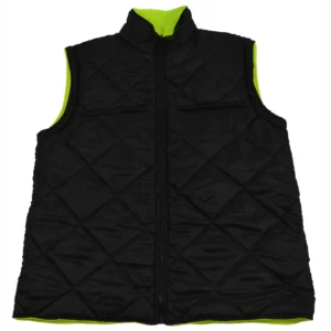 Black quilted vest with green lining.