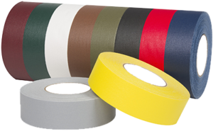 Colored rolls of adhesive tape on display.