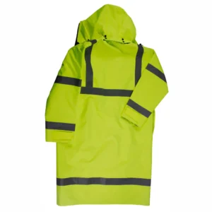 Yellow raincoat with reflective stripes, hooded.