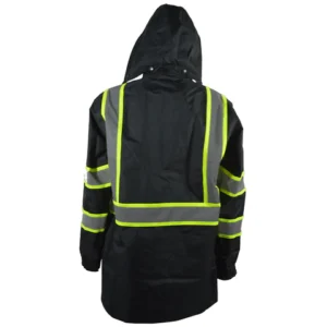 Black raincoat with reflective yellow stripes.