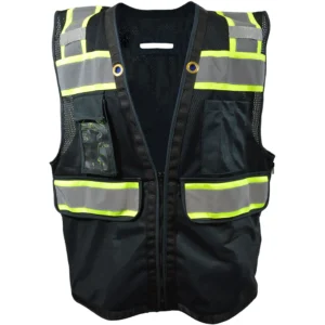 Black safety vest with reflective yellow stripes.