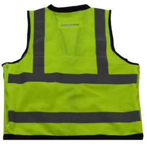 Reflective safety vest with high-visibility stripes.