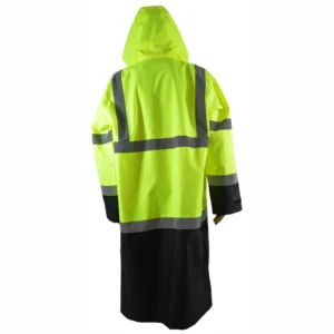 Yellow and black hooded raincoat, back view.