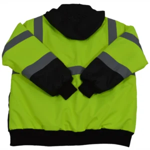 Bright yellow safety jacket with reflective stripes.