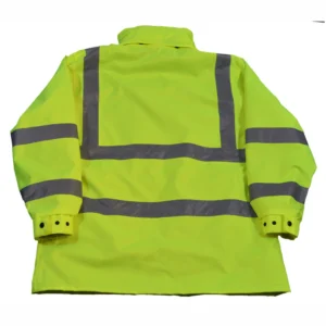 Bright yellow reflective safety jacket, back view.