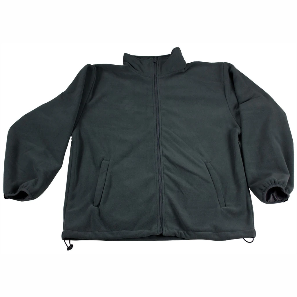 Black fleece jacket with front zipper.