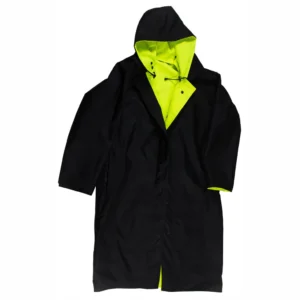 Black coat with bright yellow lining.