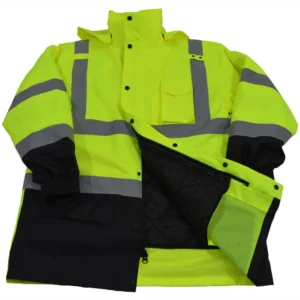 Yellow high-visibility jacket with reflective stripes.