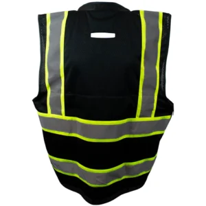 Black safety vest with reflective yellow stripes.