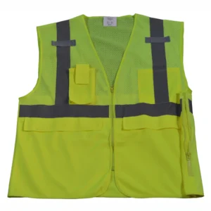 Yellow safety vest with reflective stripes.