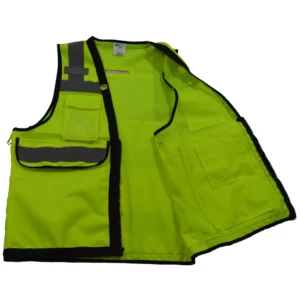Fluorescent yellow safety vest with pockets.