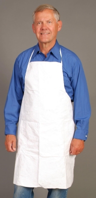 Man in blue shirt wearing white apron.