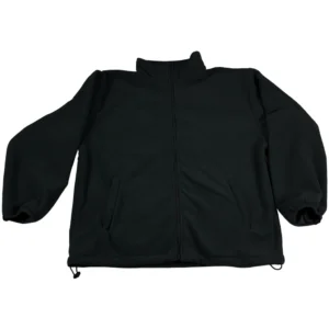 Black fleece jacket with zipper and pockets.