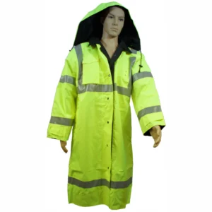 Mannequin wearing yellow reflective raincoat with hood.