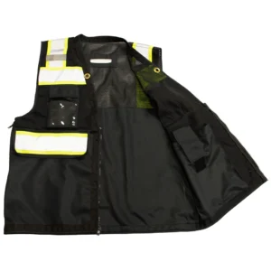 Black safety vest with reflective stripes.