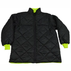 Black quilted jacket with green lining.