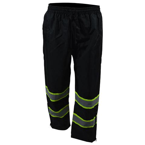 Black reflective safety pants with neon stripes.