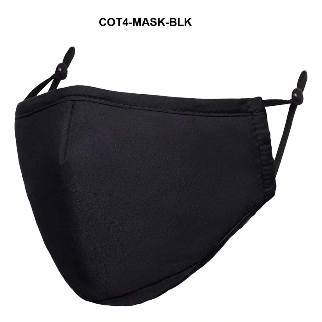 Black cloth face mask with ear loops.