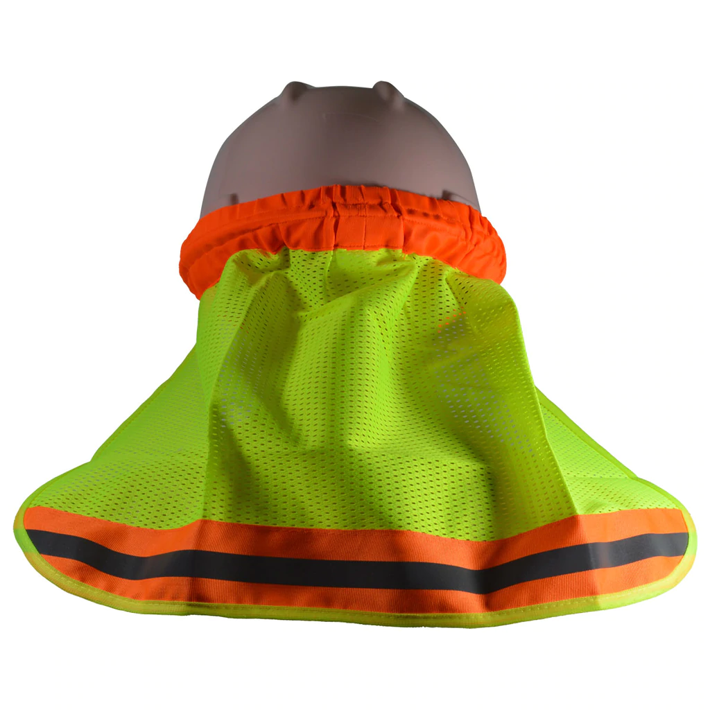 Safety helmet with high-visibility neck shield.