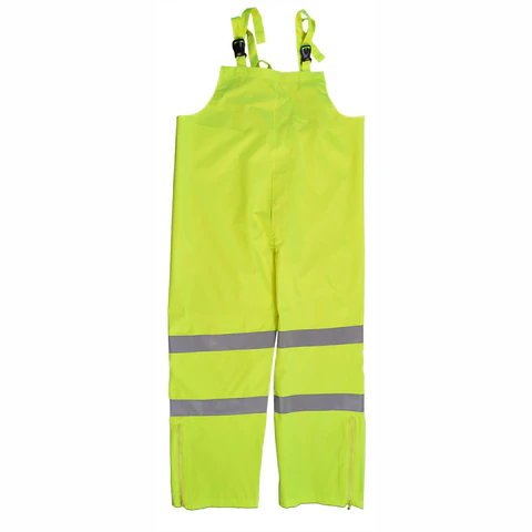 Yellow reflective safety overalls with straps.