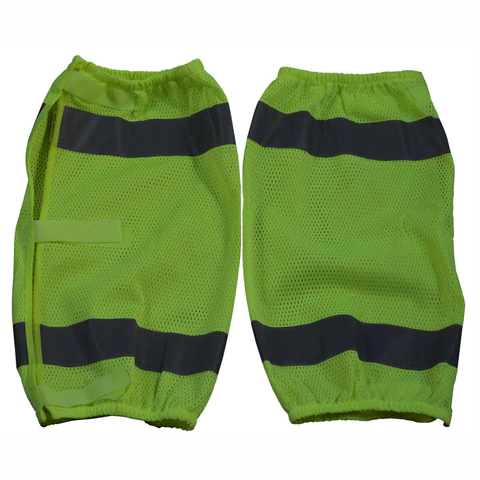 Bright green safety leg gaiters with stripes.