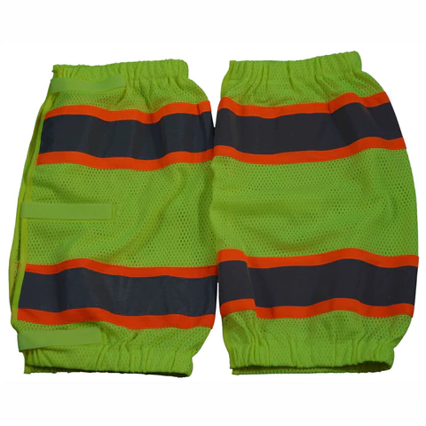 Green safety sleeves with reflective orange stripes.
