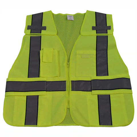 Yellow reflective safety vest with pockets.