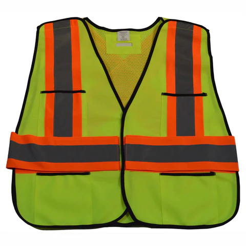 Yellow safety vest with orange reflective stripes.