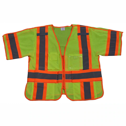 Green safety vest with orange reflective stripes.