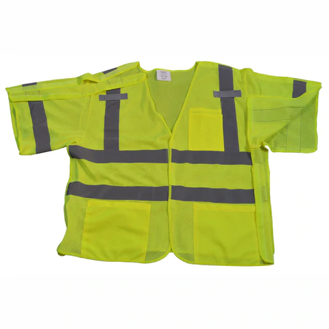 Yellow safety vest with reflective stripes.