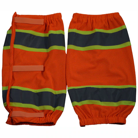 Orange reflective safety leg gaiters.